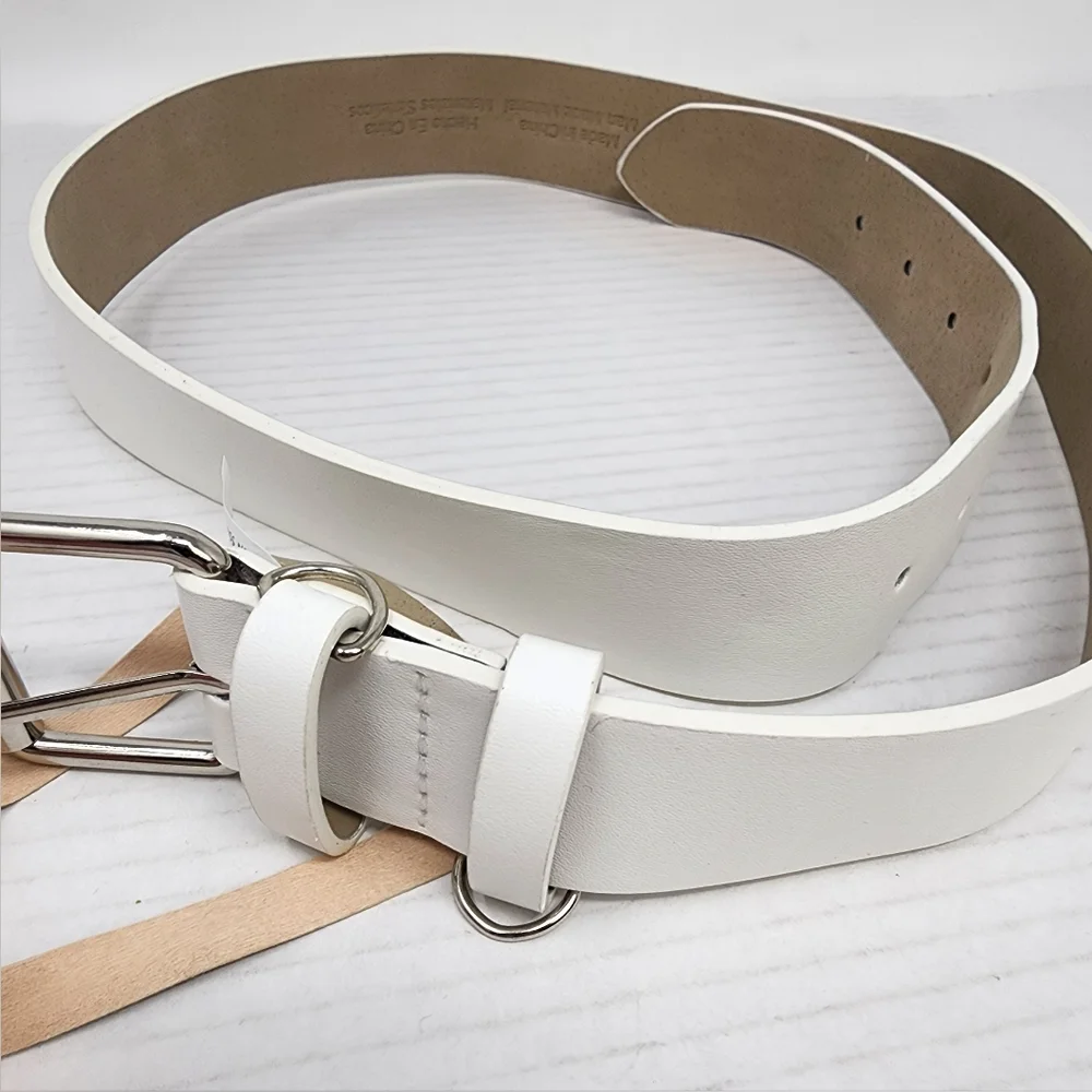 White Faux‎ Leather Large Belt Classic Look Silver Buckle Size L